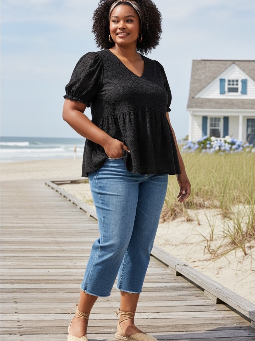 Plus Size Coastal Quiet Luxury Cottagecore Black Eyelet Fit/Flare Top Puff Sleev